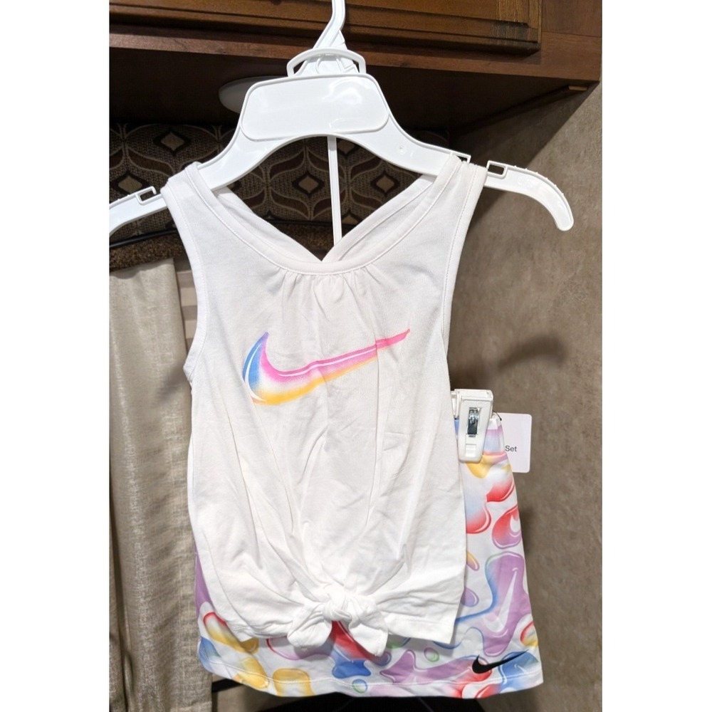 Nike Kids Girls Size 4 Tank Top and Skort Set White Multi Color Swoosh NWT